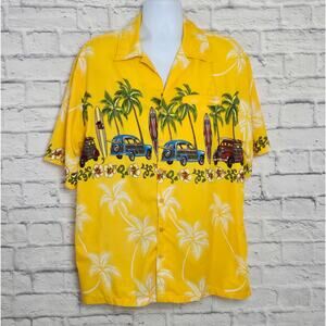 Pacific & Co Shirt Mens Size Large Yellow Short Sleeve Button Up Hawaiian Cars